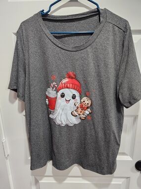 SHEIN Gray Short Sleeve Tee with Festive Ghost and Gingerbread Graphic